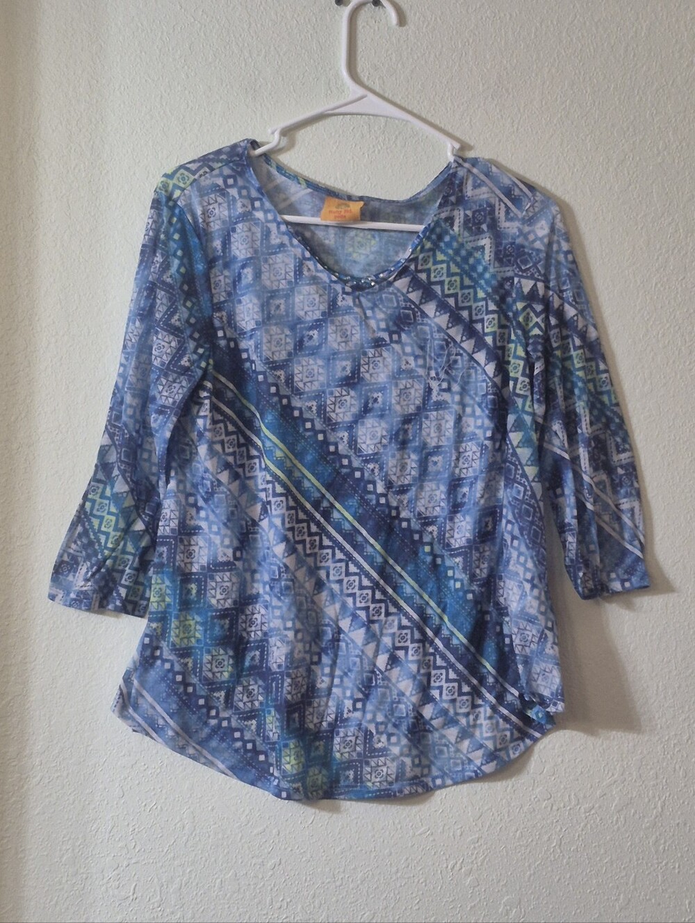 Ruby Rd. Blue Patterned 3/4 Sleeve Scoop Neck Top